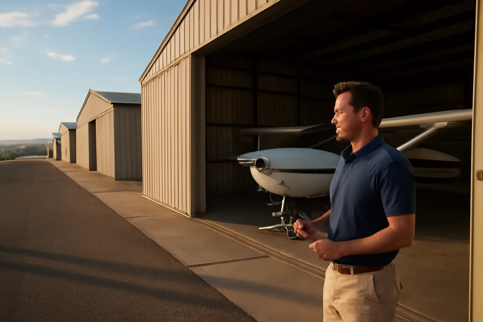 T-hangars at an Arizona airpark with board member holding clipboard