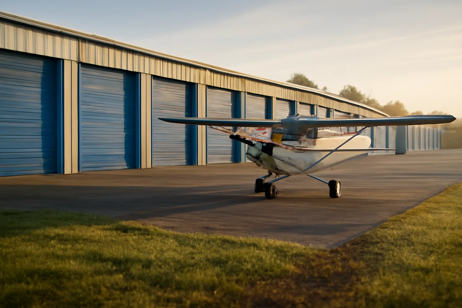 Row of blue T-hangar doors at an Alabama airport ramp