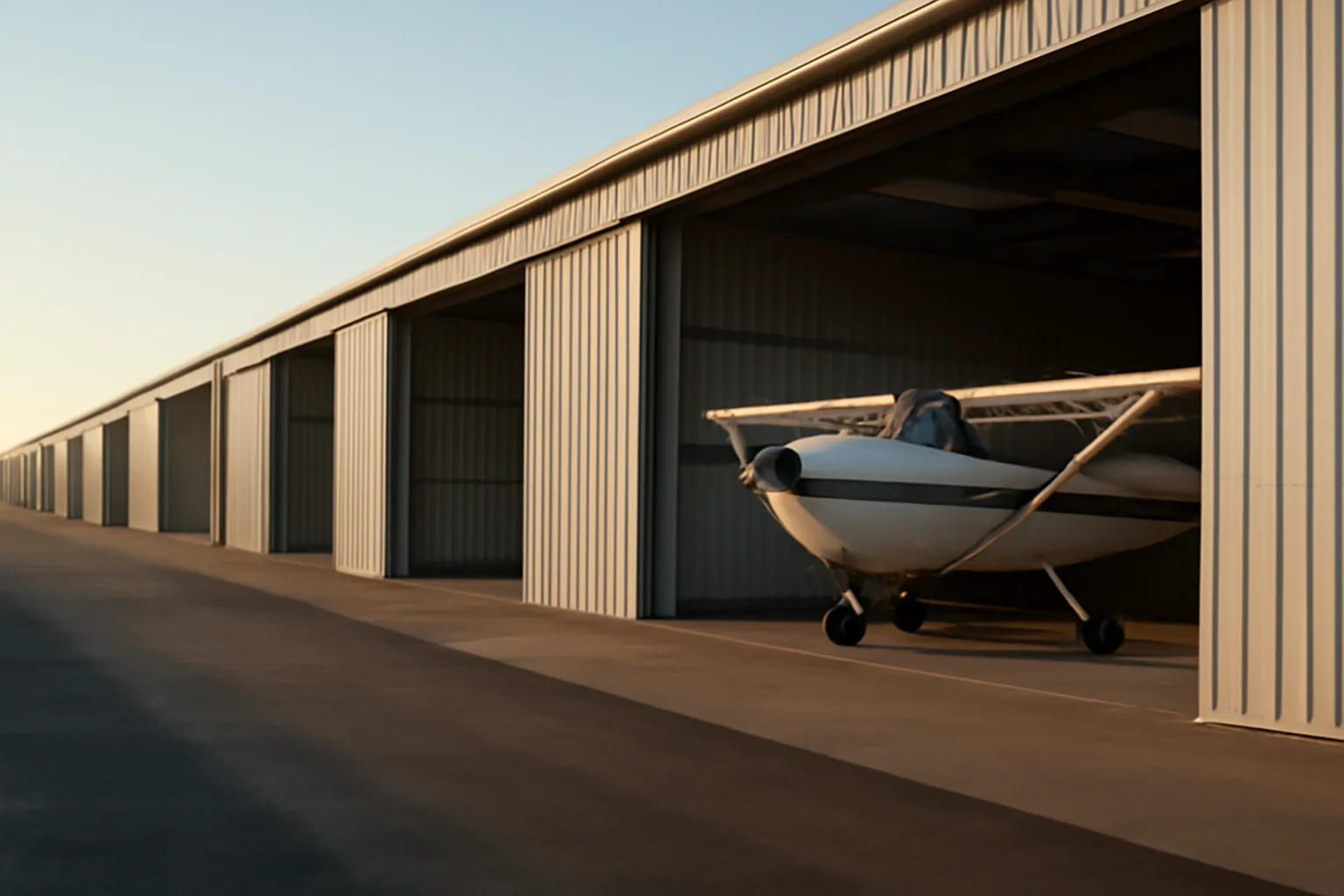 T-hangar condo row at a California airport with open hangar door and airplane