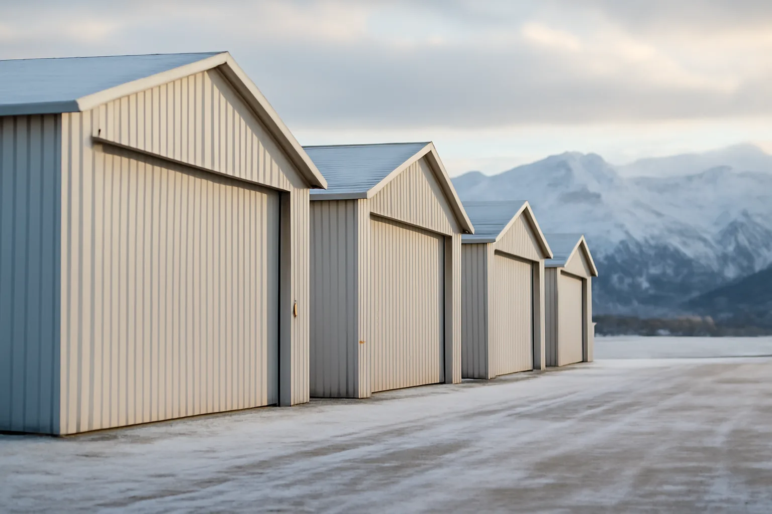 Row of Alaska T-hangars in winter with snow on the ground and distant mountains