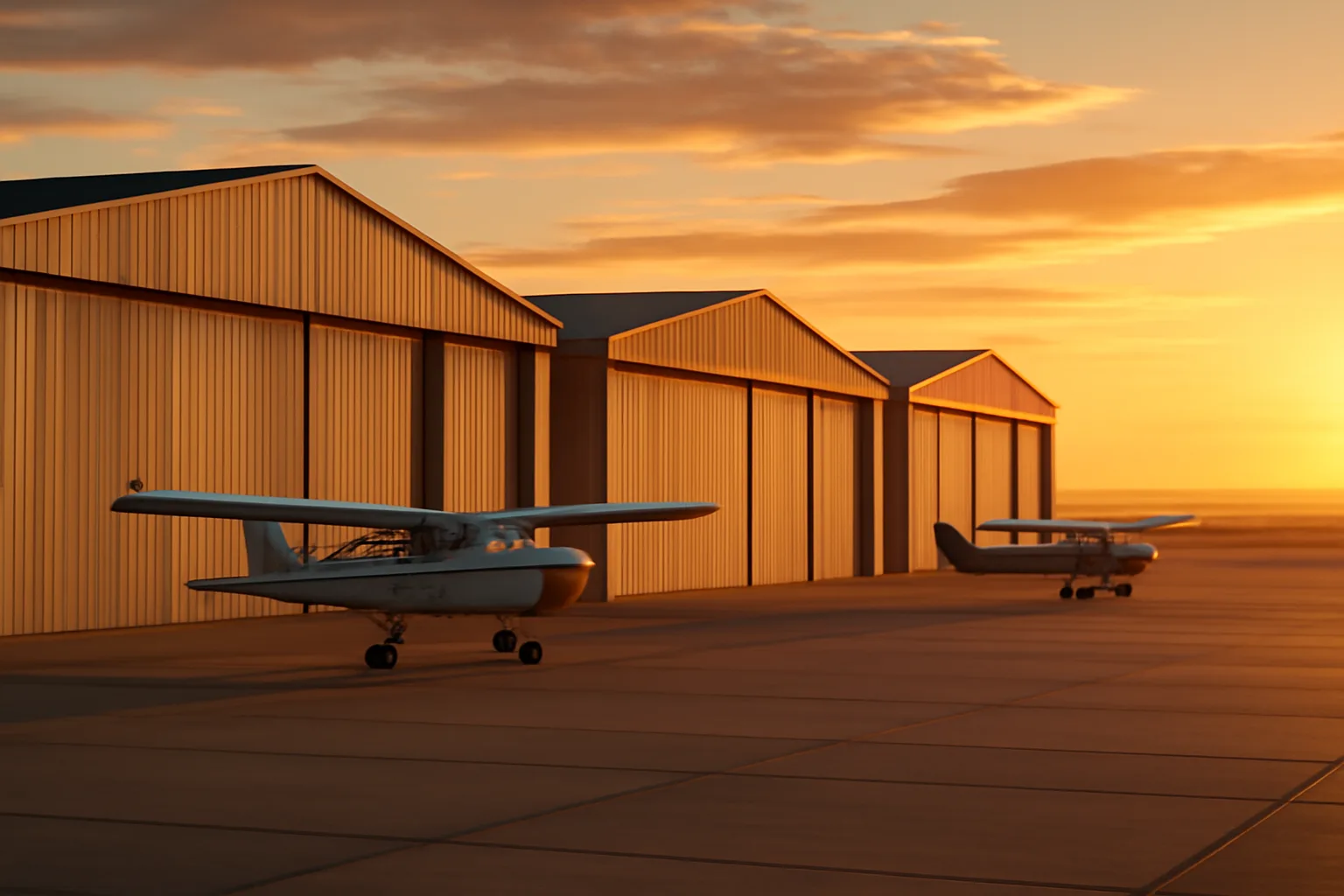 T-hangar condo units at an Arizona airport during renewal season, planes outside at dusk.