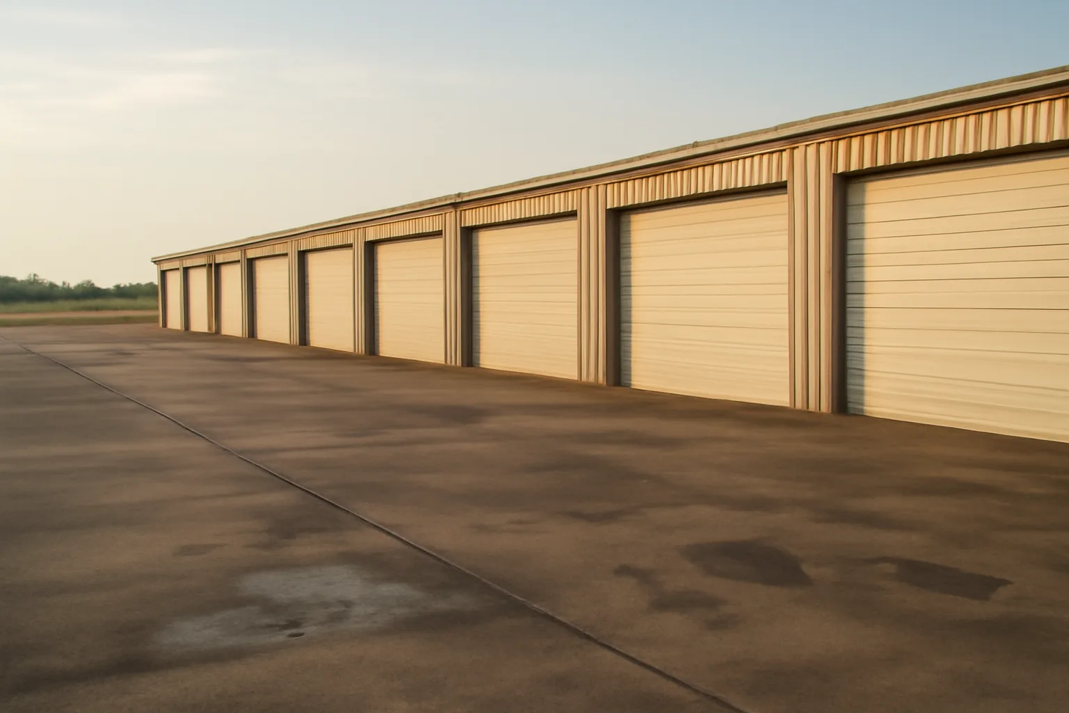 T-hangar condo row at an Arkansas municipal airport in morning light