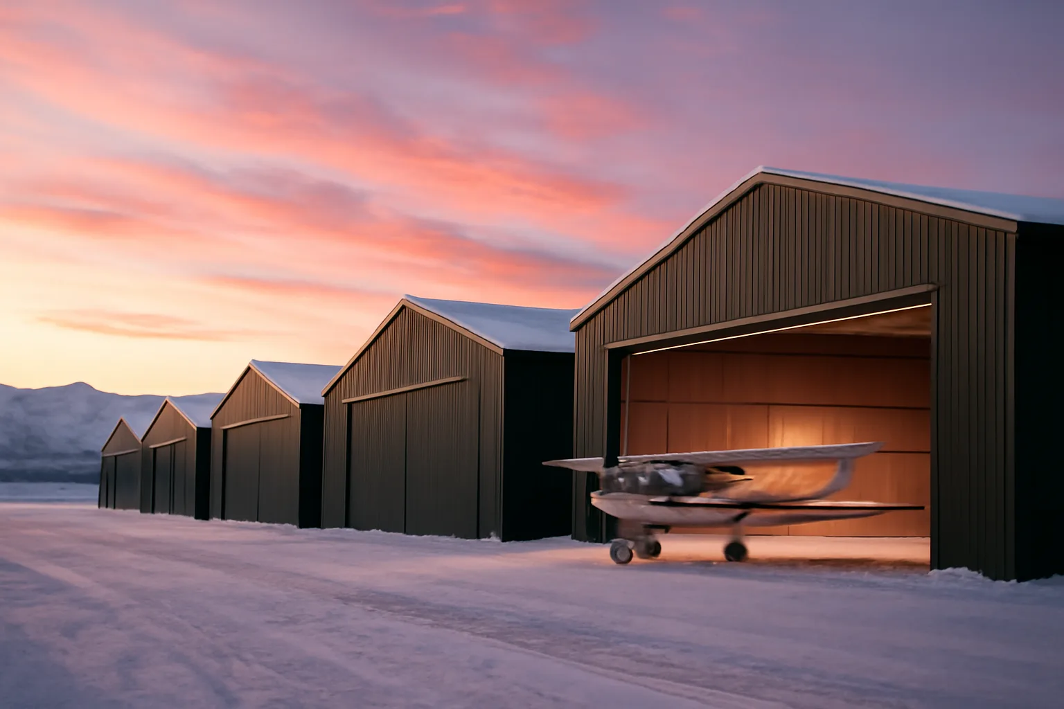 Snowy T-hangars at an Alaska airport with mountain backdrop at sunset.