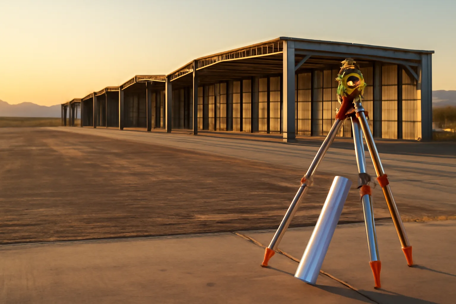 Partially constructed T-hangar condo units on an Arizona airport ramp at sunset