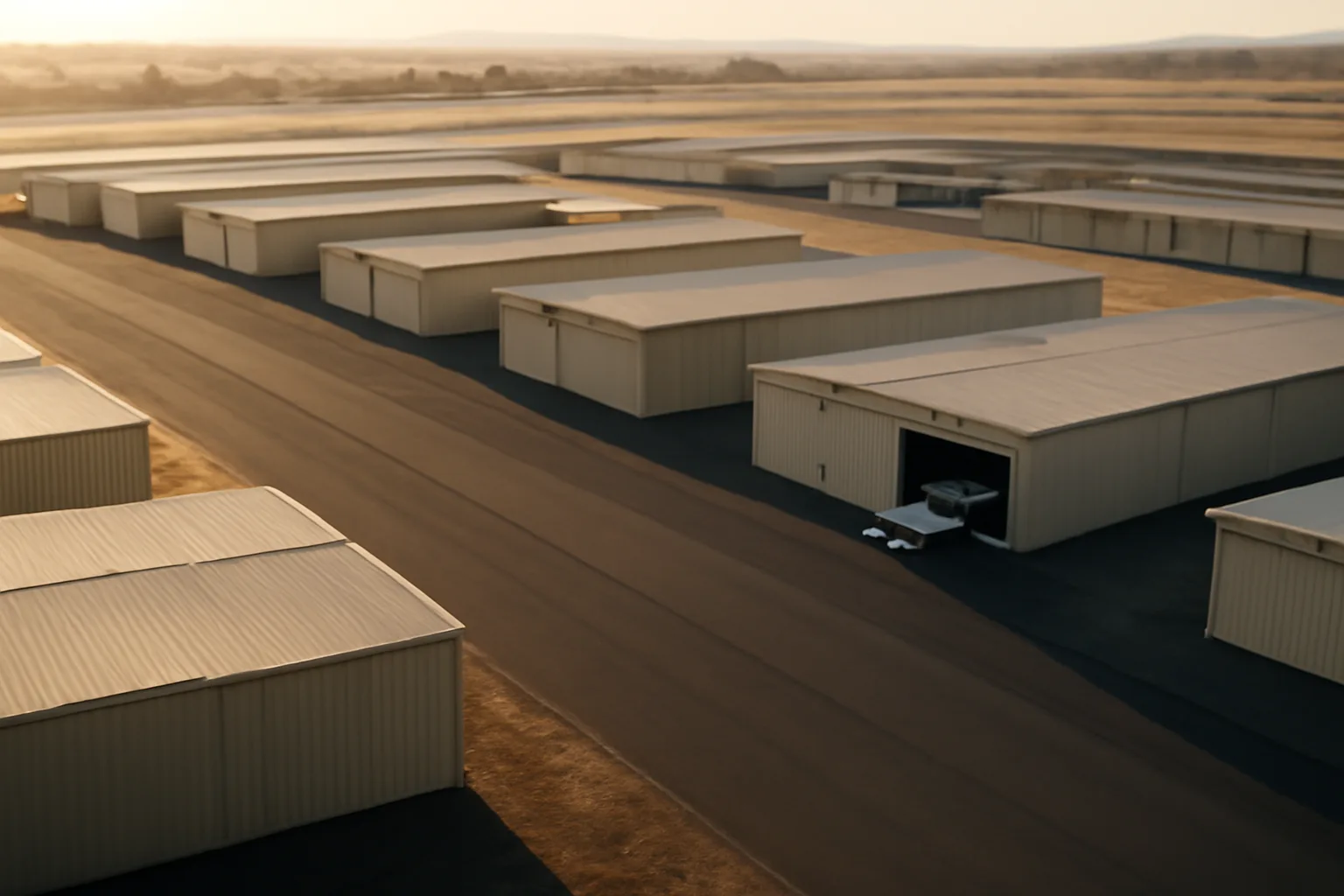 Rows of T-hangar doors at a California general aviation airport at dawn