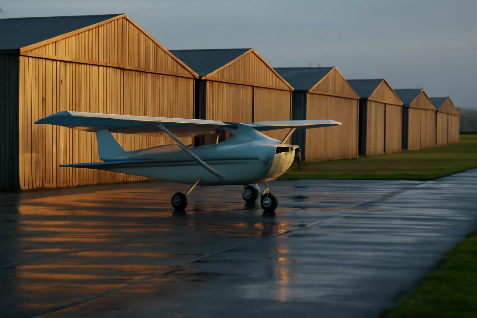 Nested T-hangars and a small airplane on a Delaware ramp