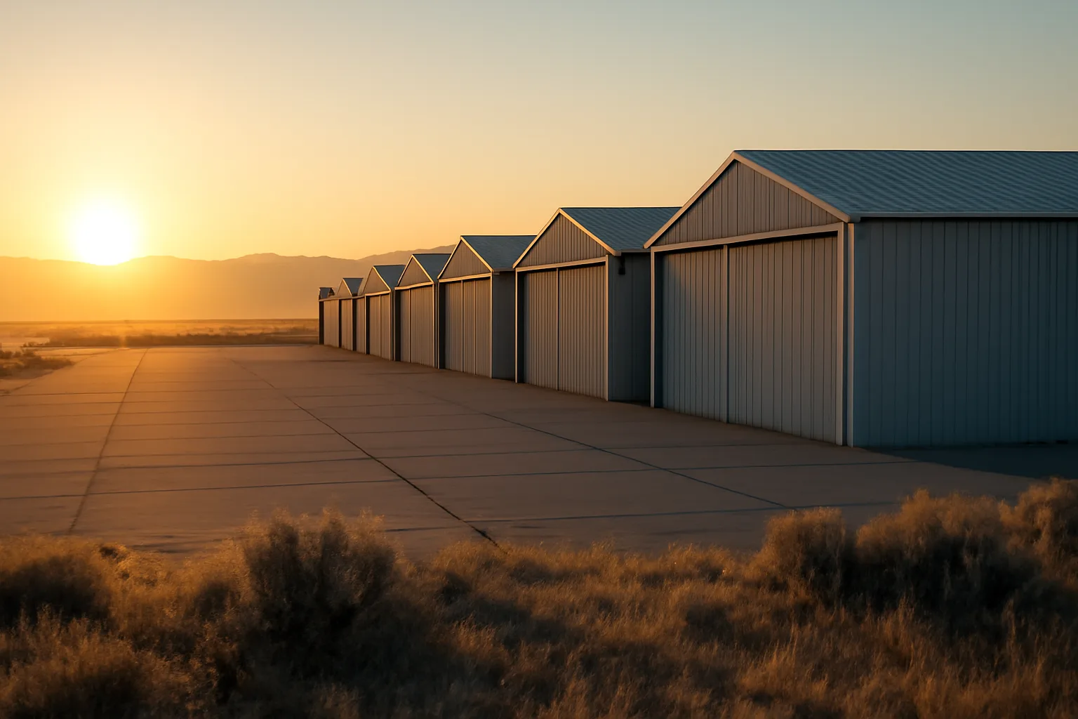 Closed steel T-hangars on an empty Idaho airfield at sunrise
