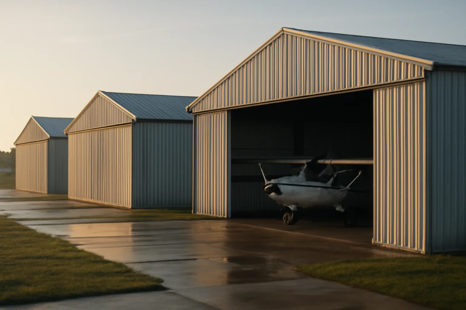 Open T-hangar bay with a small airplane on an Illinois ramp