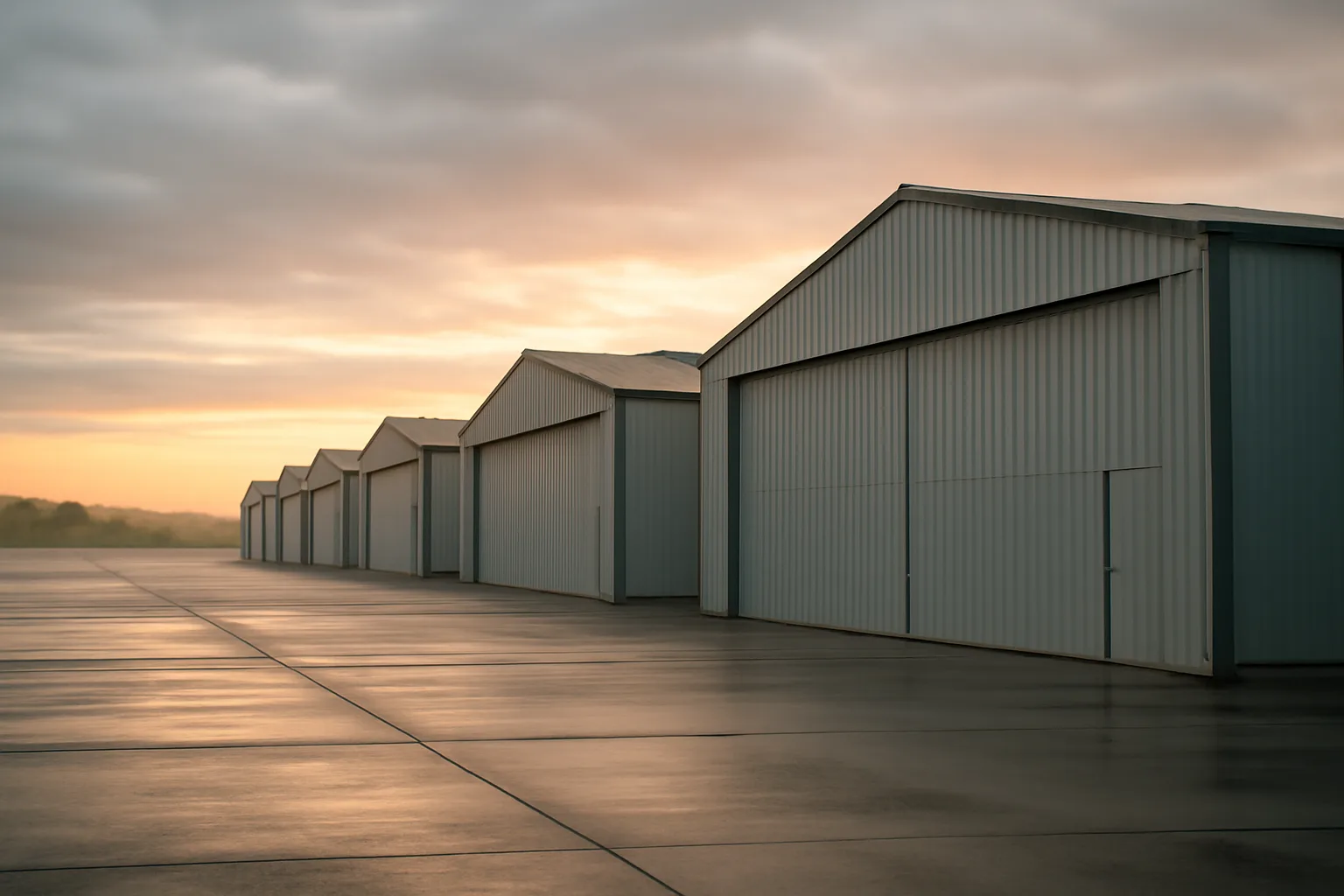 Row of T-hangar units at a Tennessee general aviation airport at sunrise