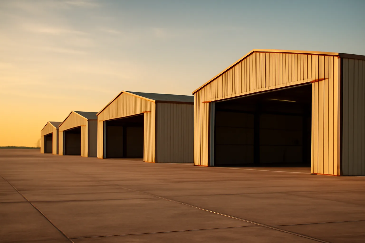 Steel T-hangar bays on a Texas general aviation airport ramp at golden hour