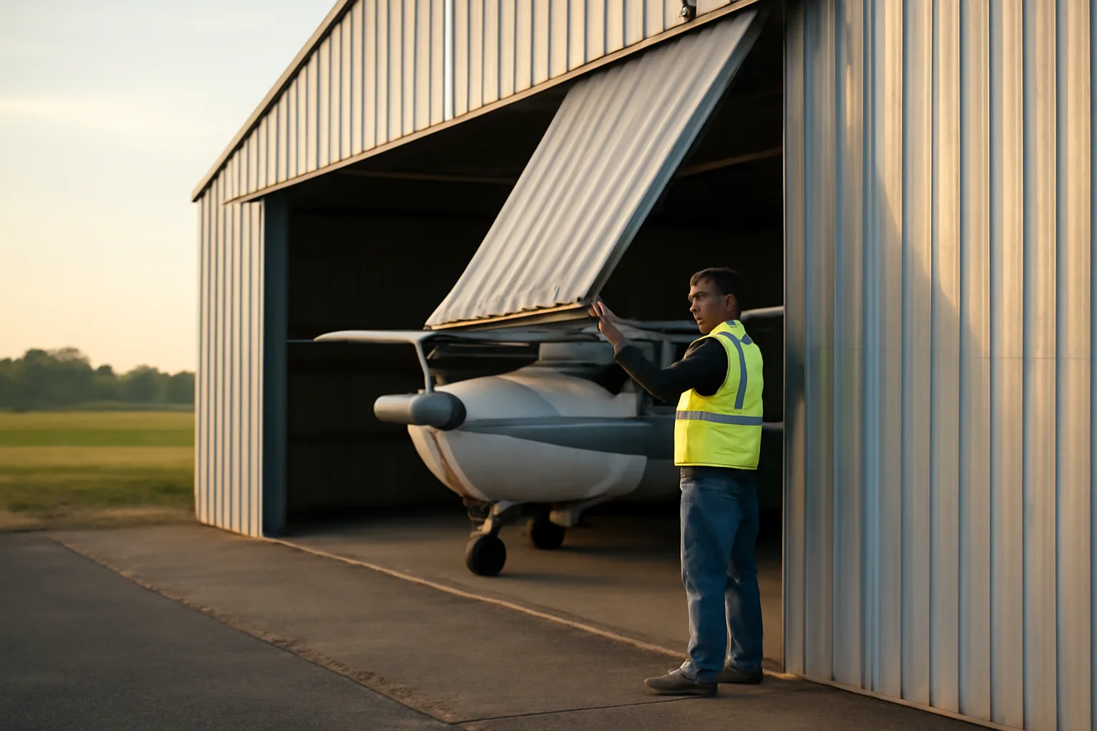 Open T-hangar at Alabama airport with a condo board member inspecting the door hinge