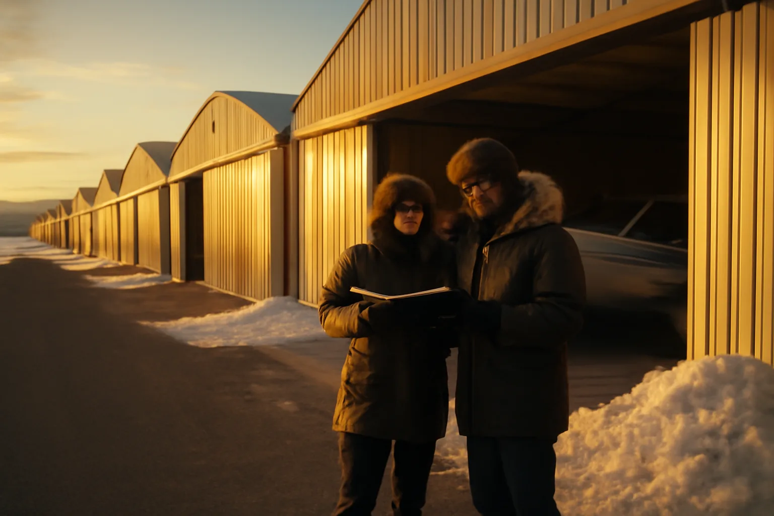 Row of T-hangars at an Alaska airport in winter, pilots by an open hangar door.
