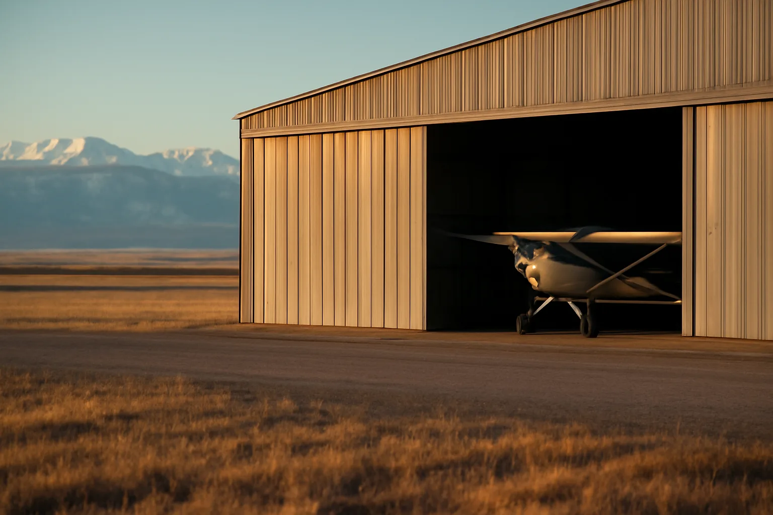 Open T-hangar bay and airplane at a Colorado plains airport