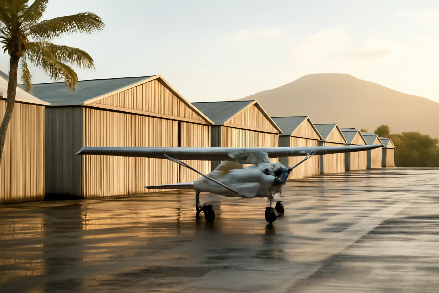 T-hangar condo row on a Hawaii general aviation ramp at sunrise