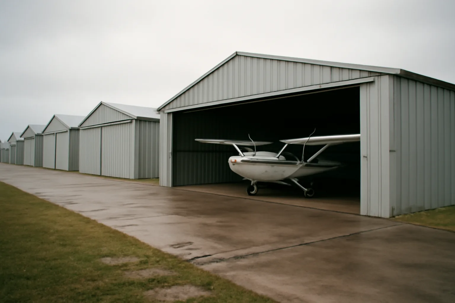 Open Illinois T-hangar bay with a parked single-engine airplane