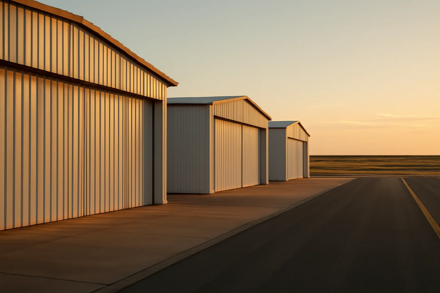 Row of T-hangars at a Texas regional airport in afternoon light