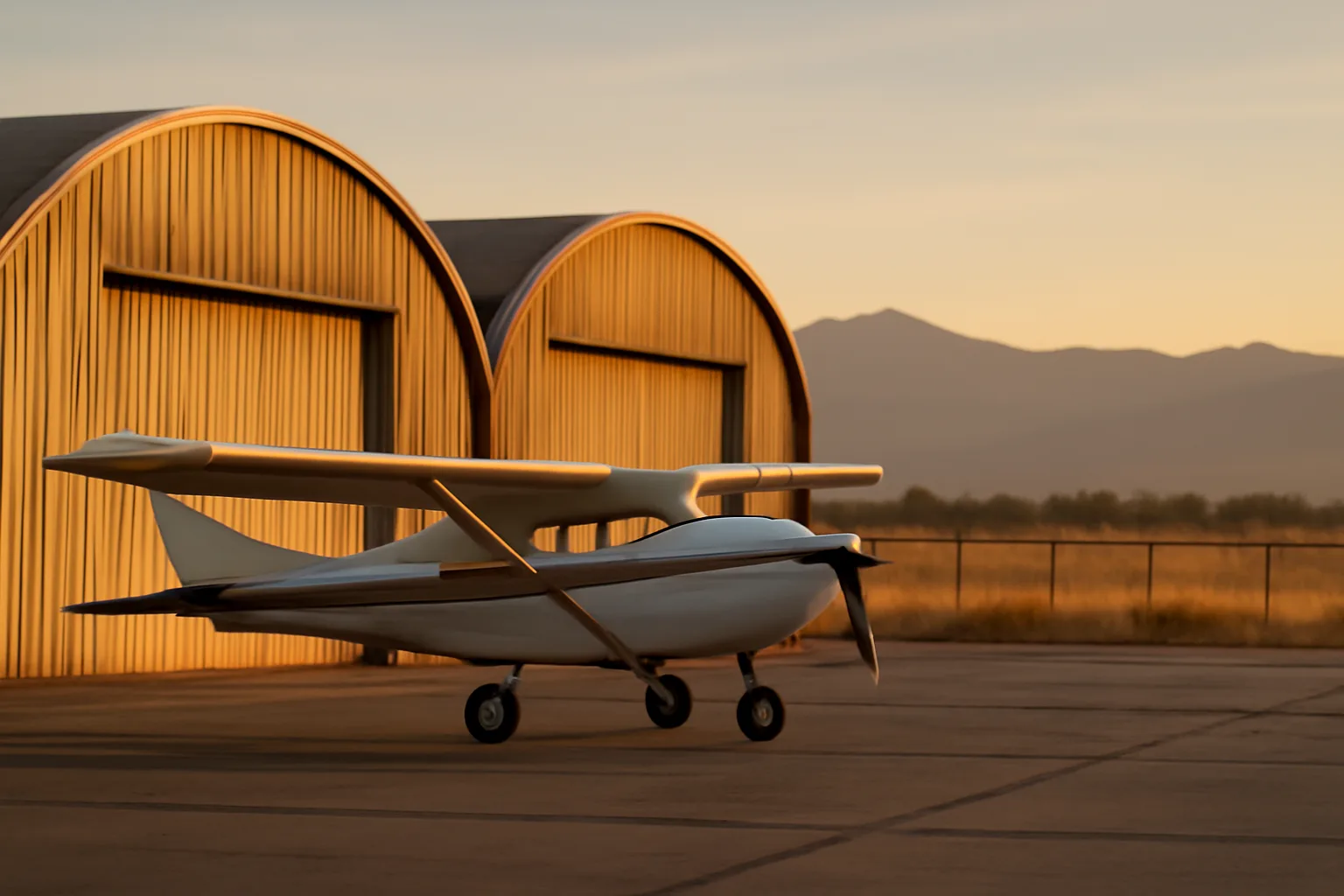 Metal T-hangars on a Colorado airport ramp at late afternoon