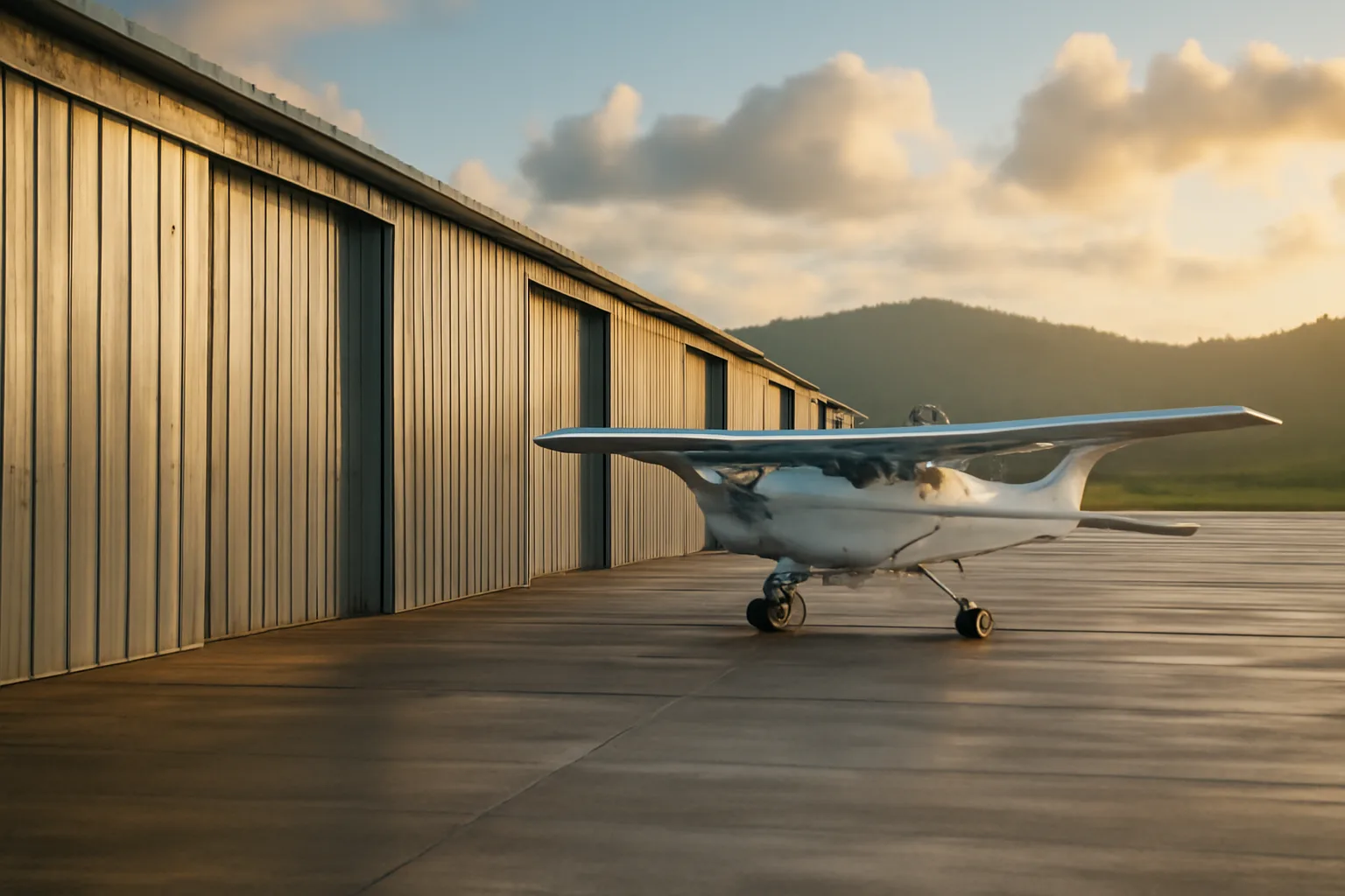 T-hangar condo bays on a Hawaii airport ramp at sunrise