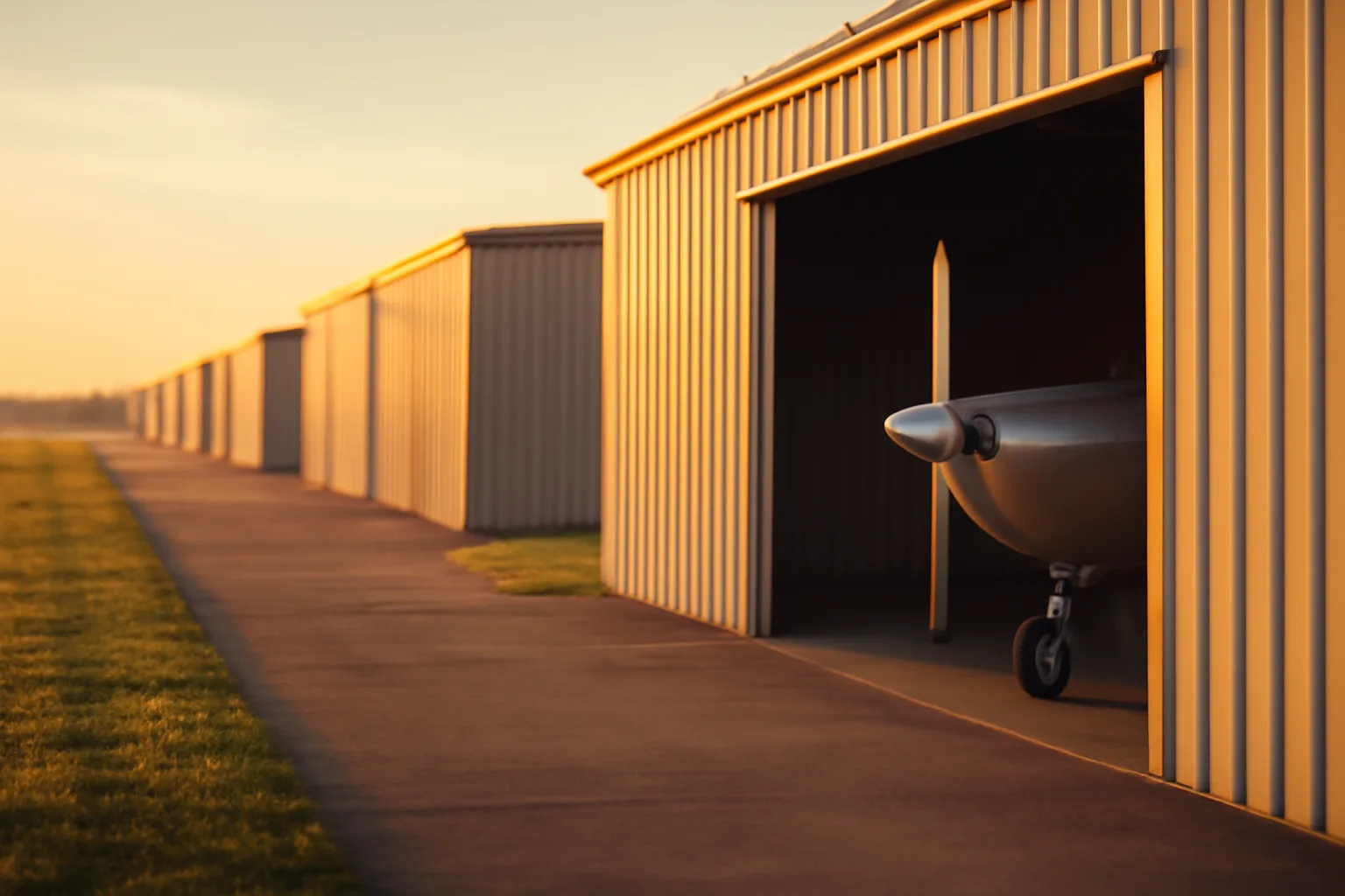 Open Illinois T-hangar condo bay at sunset on a grass-edge ramp