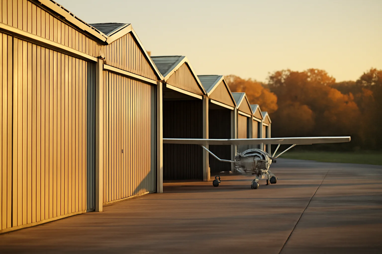 Row of T-hangars at a Tennessee general aviation airport on a clear autumn morning