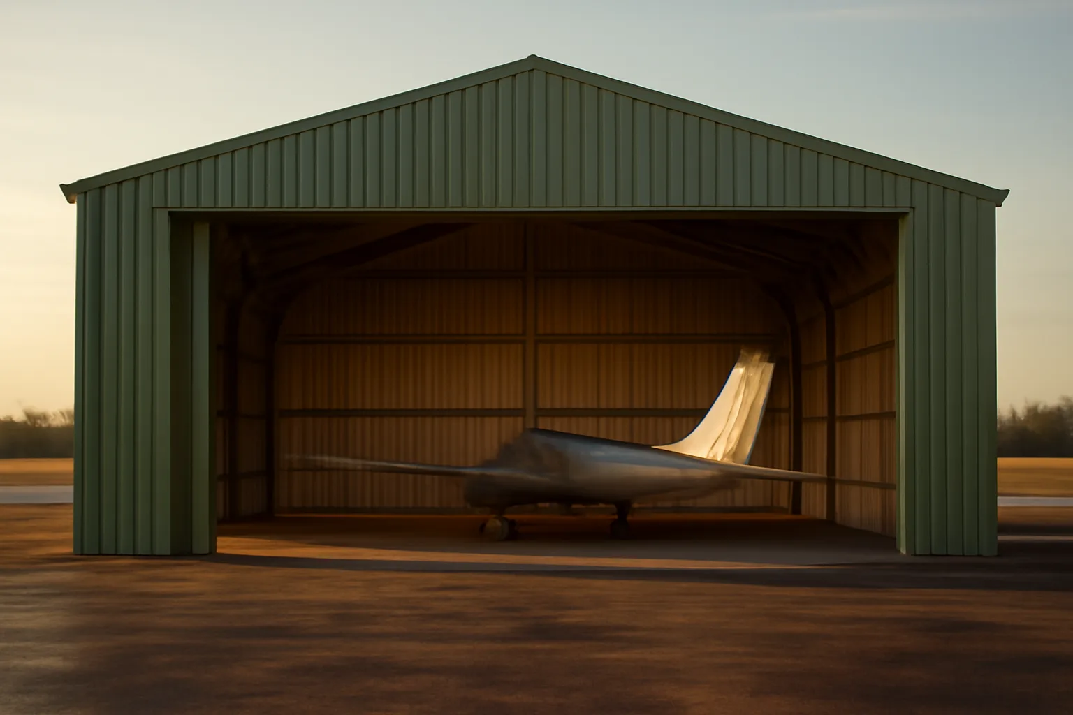 Open T-hangar door at an Alabama municipal airport, no text.