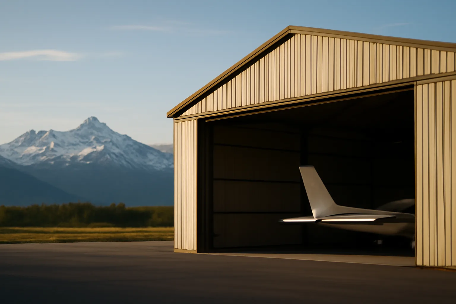 T-hangar at an Alaska airport with mountains in the distance