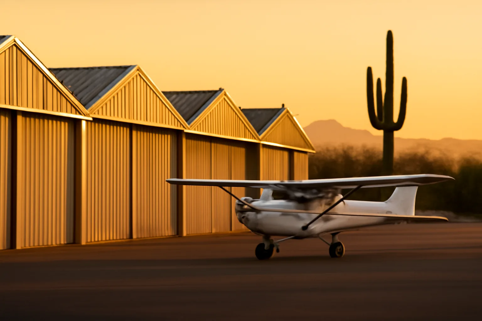 T-hangar condo row in Arizona desert early morning light