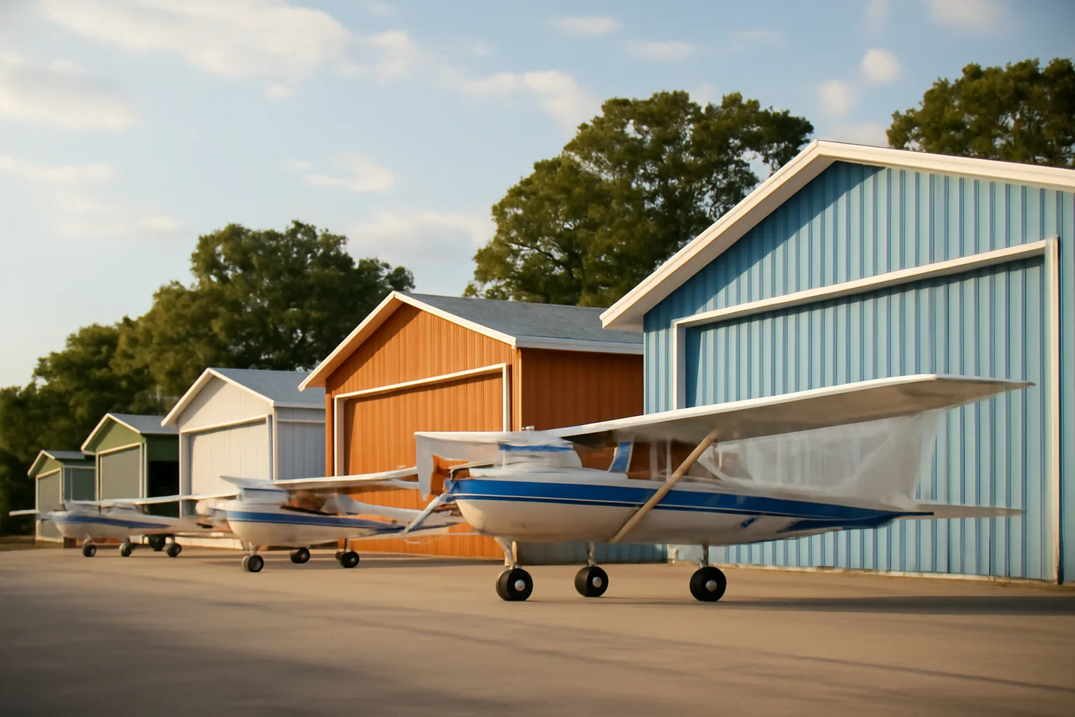Row of T-hangar condo units with aircraft on an Arkansas airport apron