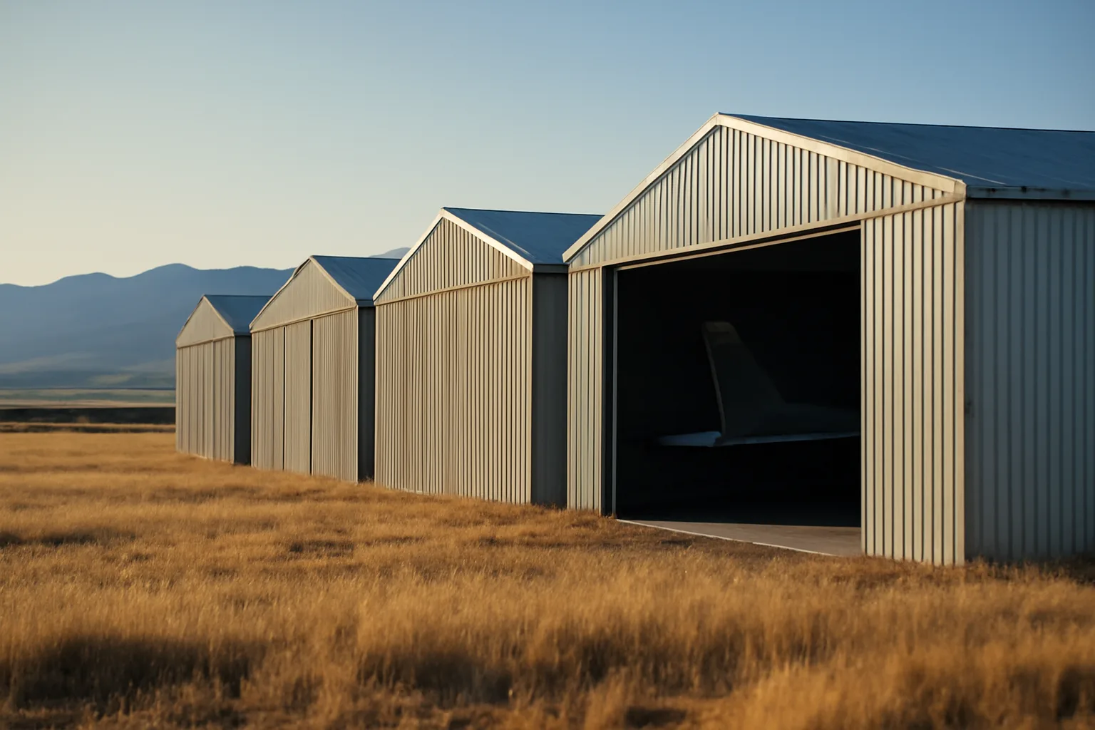 Open Colorado T-hangar bay with a small aircraft tail visible