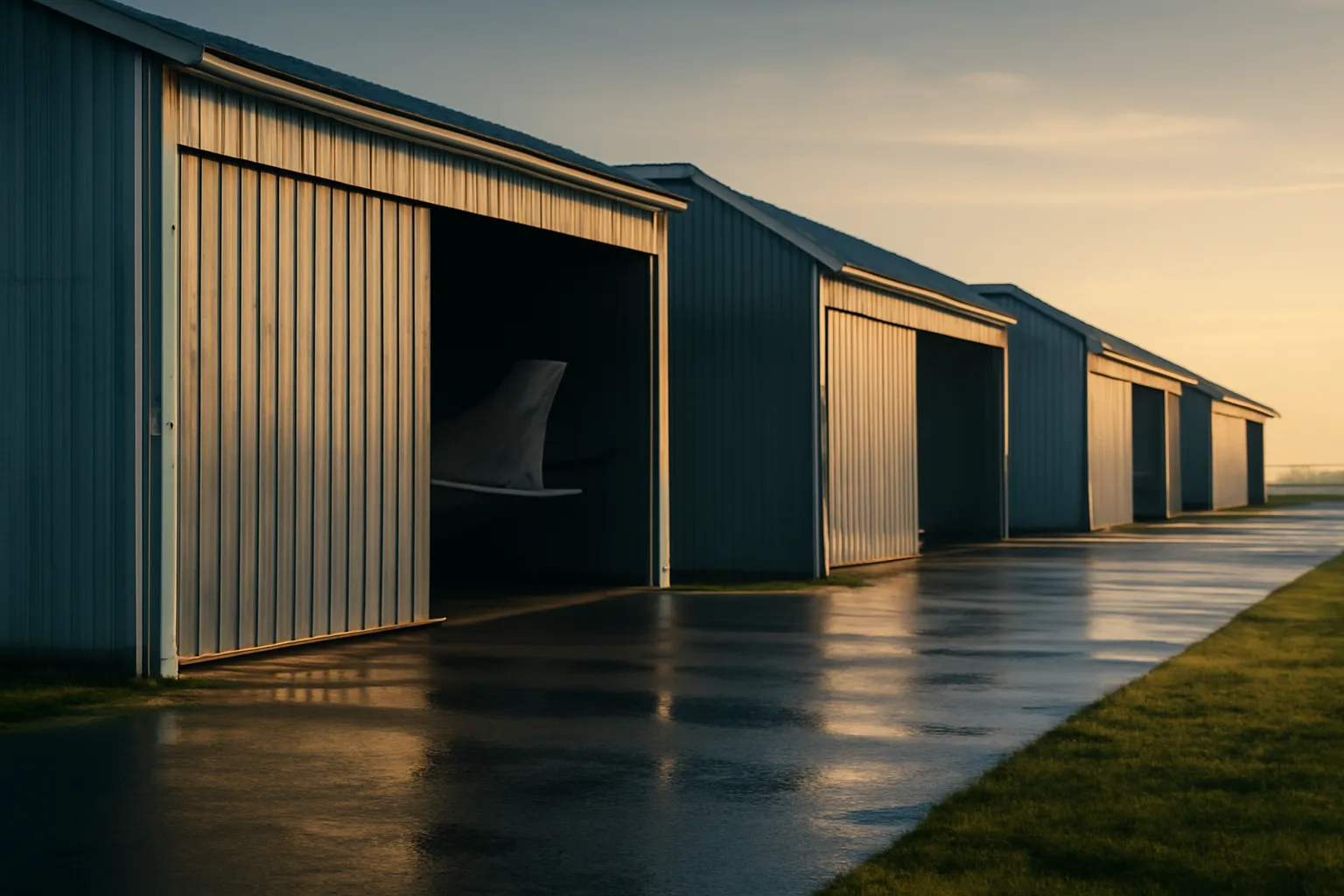 Metal T-hangars on a quiet Delaware airfield in morning light
