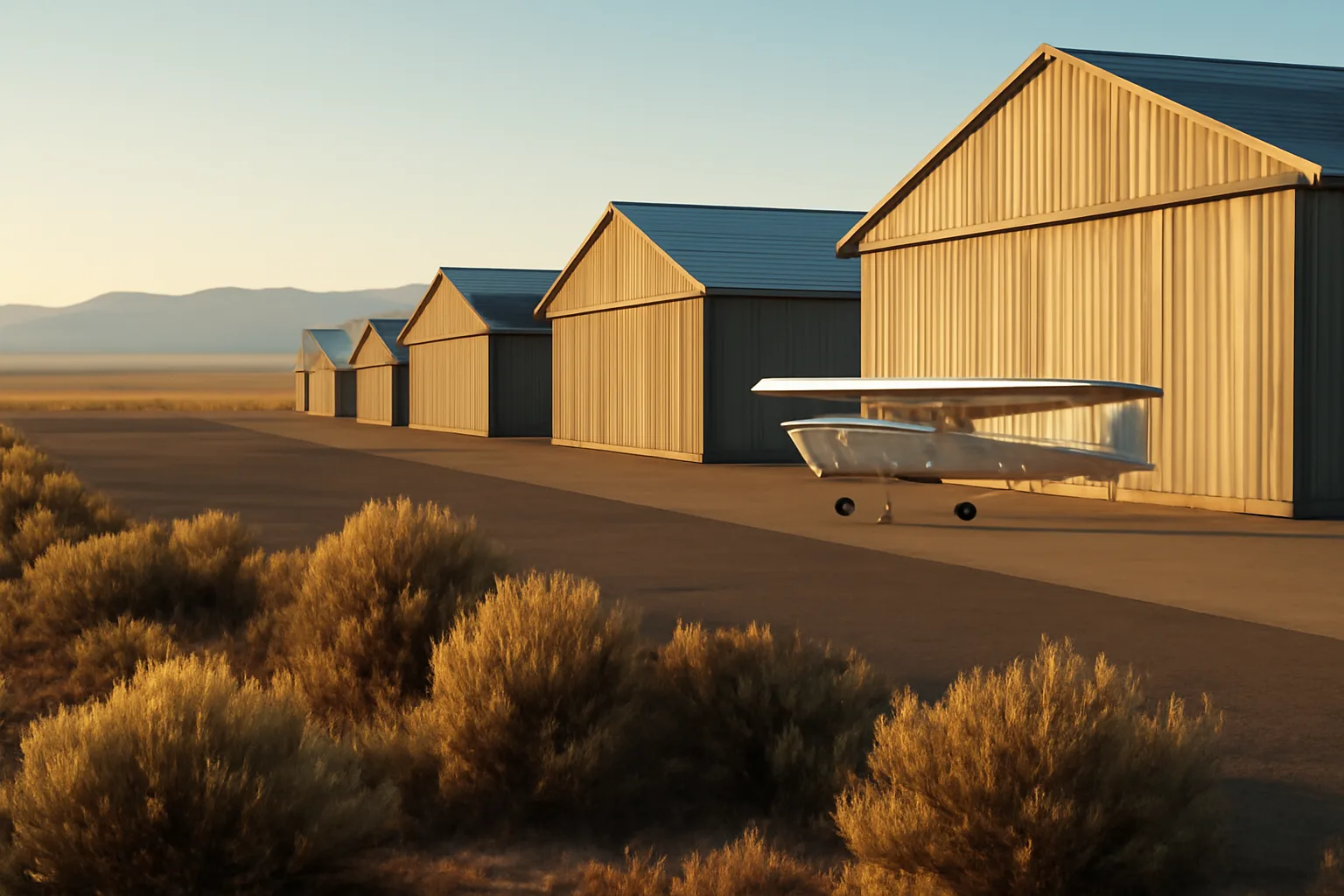 Metal T-hangars and a parked airplane on an Idaho airfield