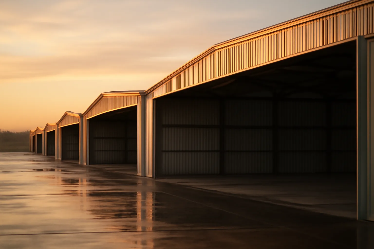 Open T-hangar bays at a Tennessee general aviation airport at dawn