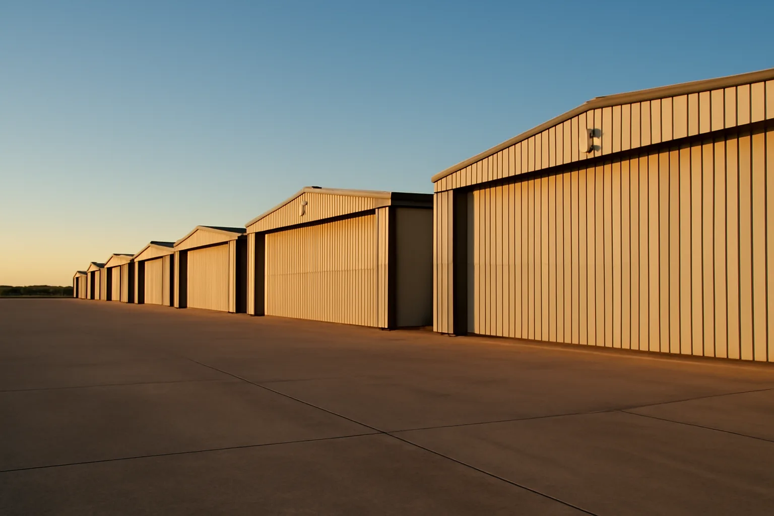 Row of T-hangar units at a Texas general aviation airport in afternoon light