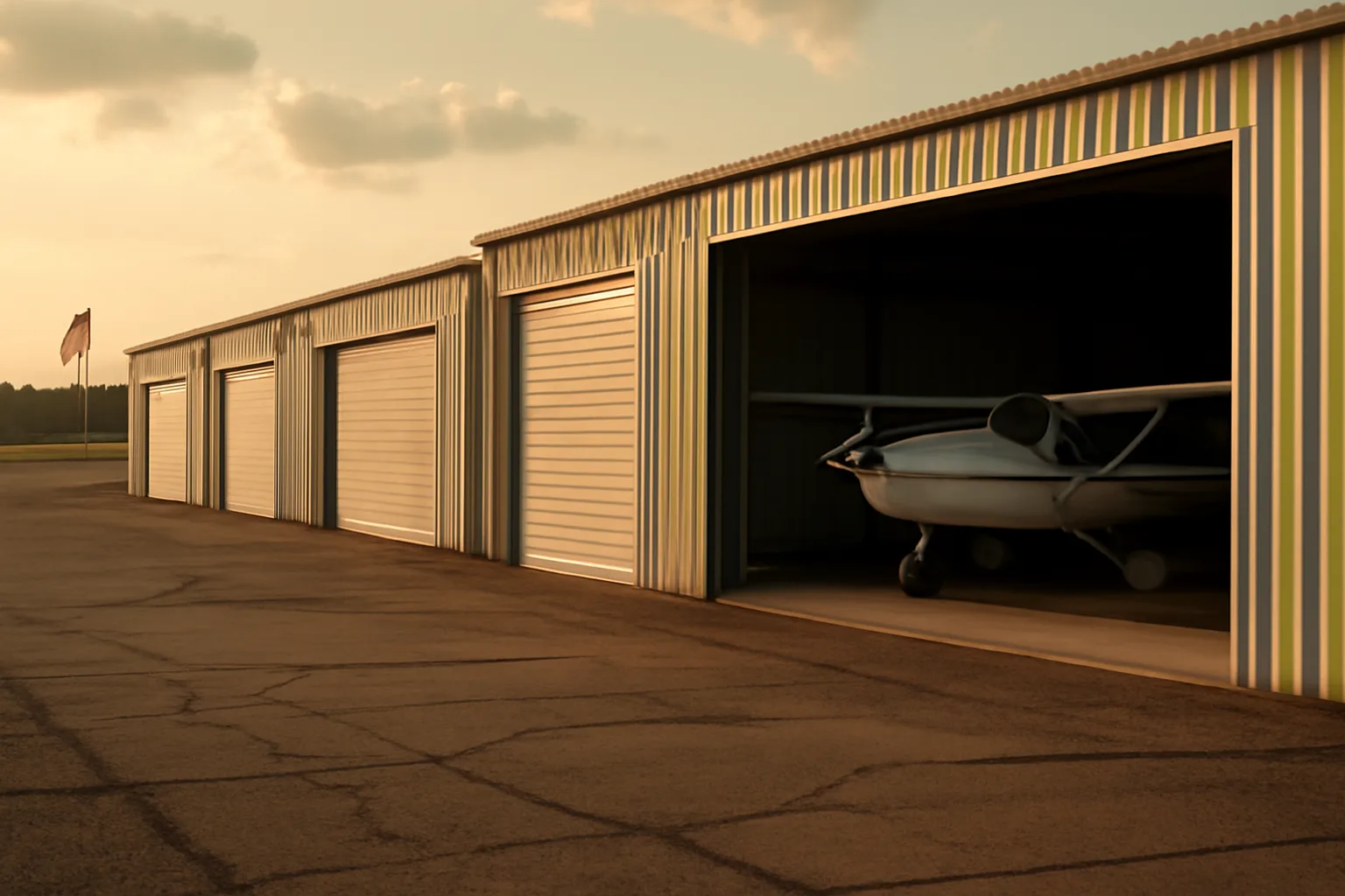 Row of metal T-hangars at an Alabama airport in late afternoon.