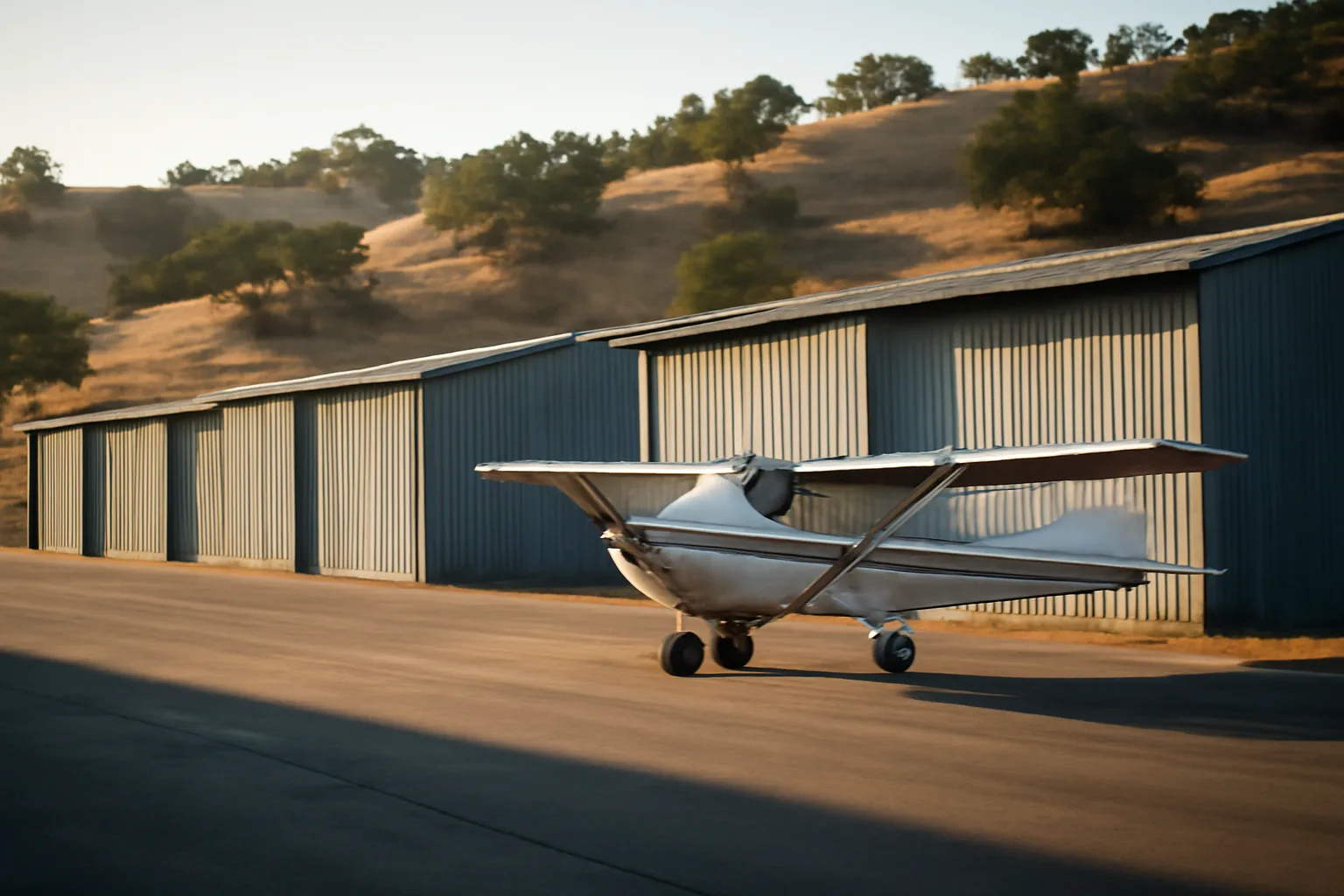 T-hangars and a parked airplane on a California airport ramp at sunrise