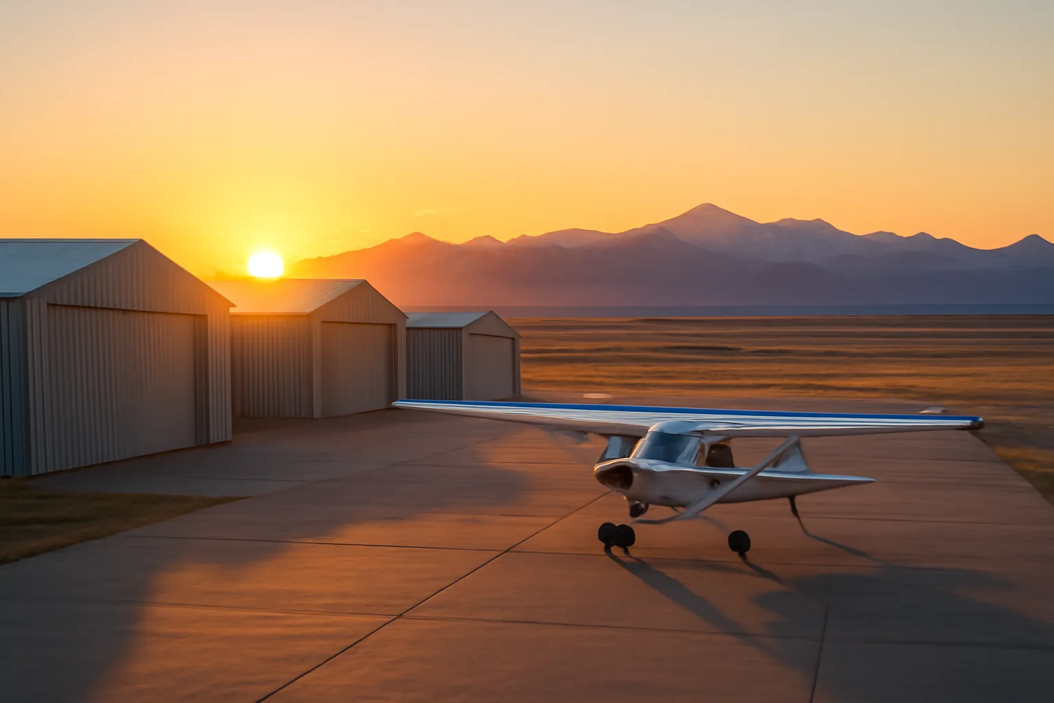 Metal T-hangars and a parked airplane at a Colorado airport sunrise