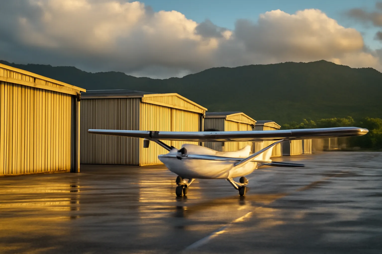 Hawaii T-hangar condo row on a wet general aviation ramp