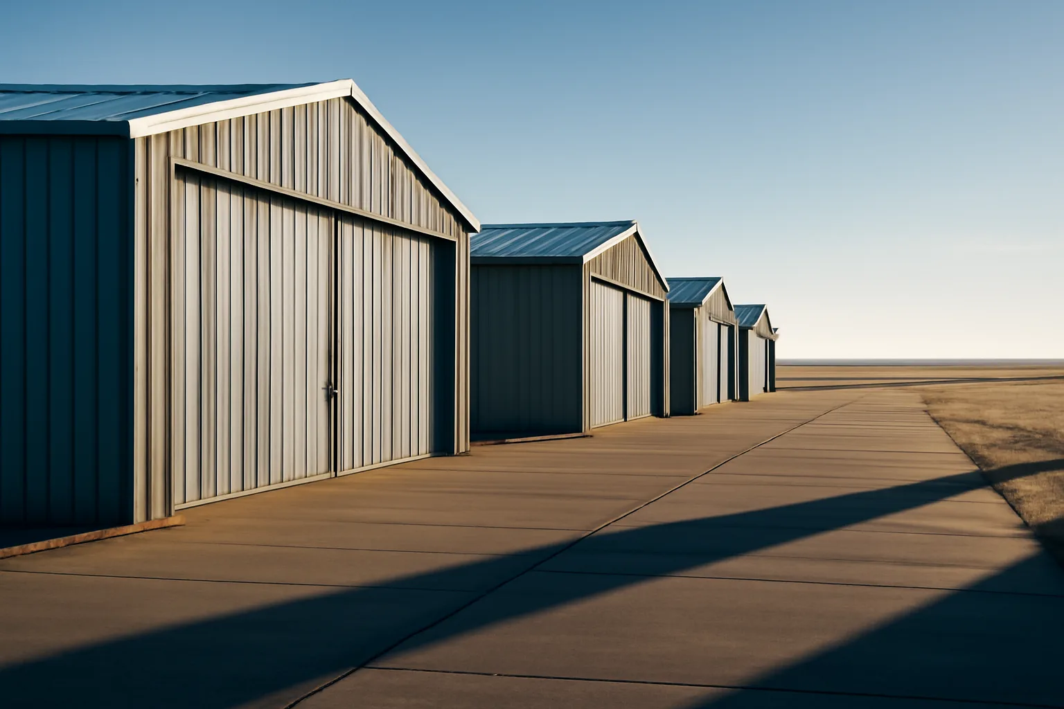 Row of T-hangar condo units at a South Dakota general aviation airport in winter morning light