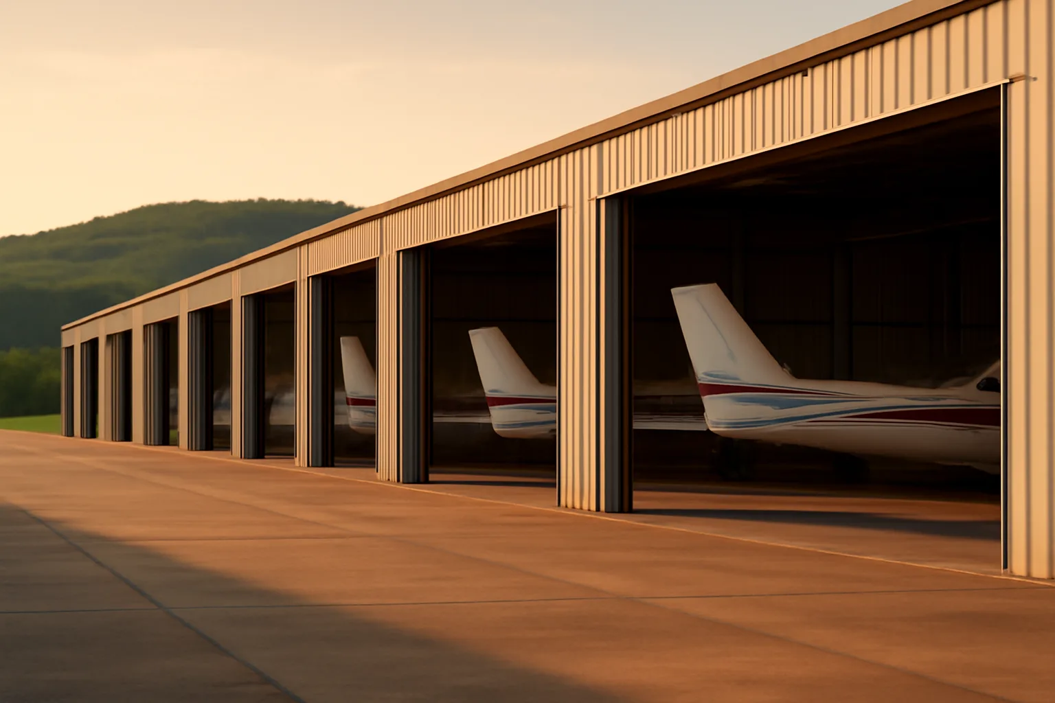 Open T-hangar units at a small Tennessee general aviation airport at golden hour