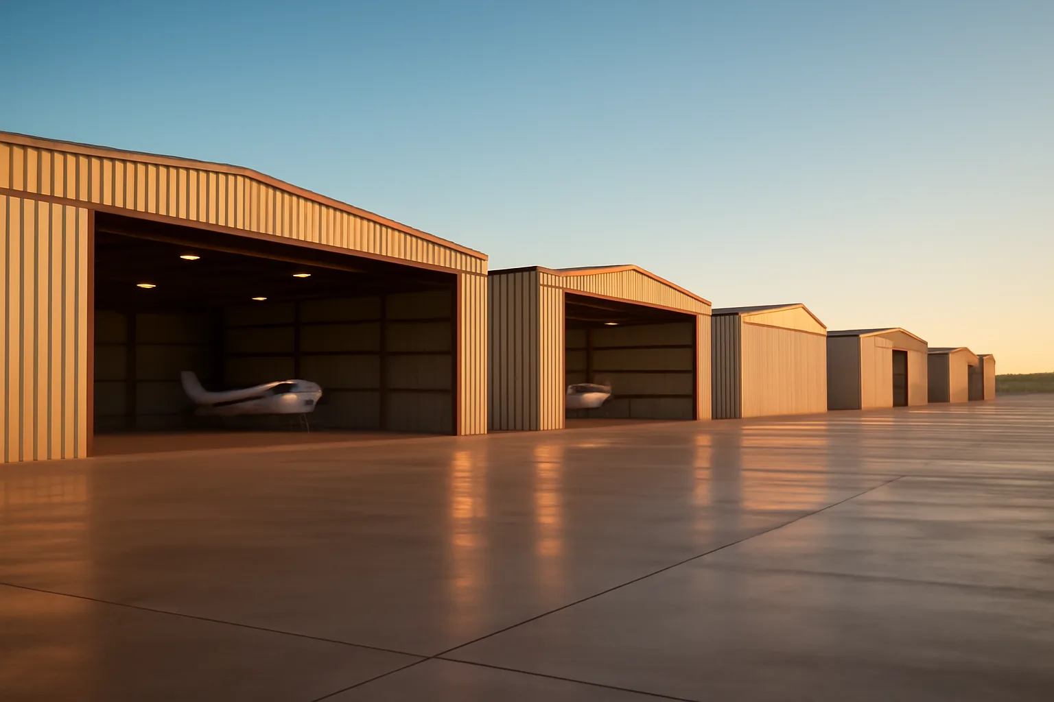 Row of T-hangar metal doors on a Texas general aviation airport apron at golden hour
